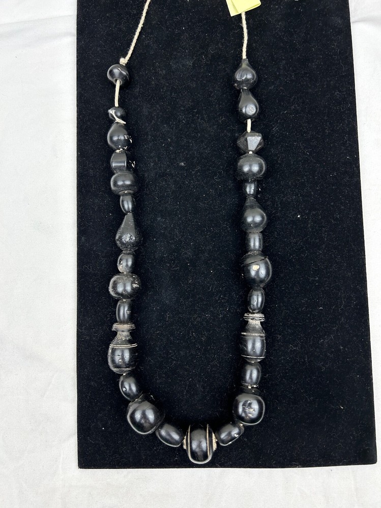 Ancient Bactrian Black Banded Agate and Jet Bead Necklace