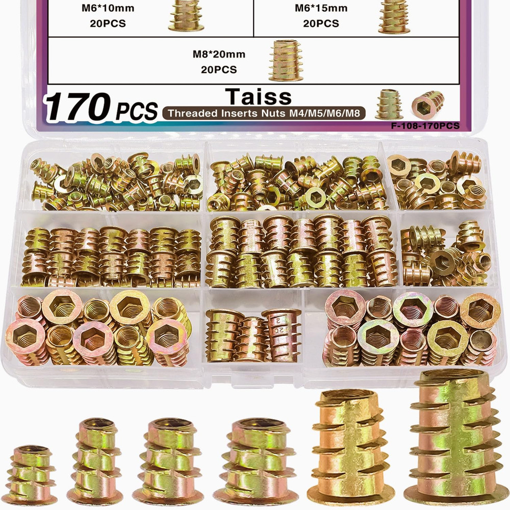 170PCS Threaded Inserts Nuts,6 Sizes Wood Threaded Insert Kit,Furniture Screw in
