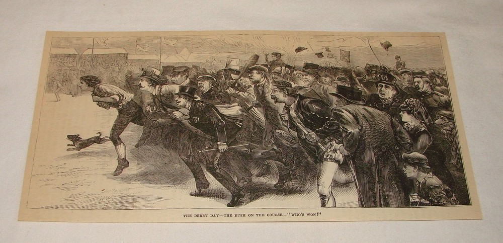 1879 magazine engraving~ DERBY DAYS: RUSH ON THE COURSE