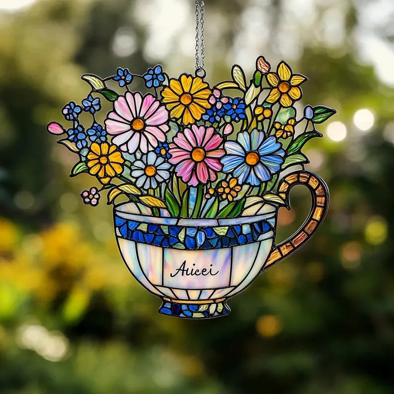 Personalized Flower Teacup Suncatcher Acrylic Decor Gift