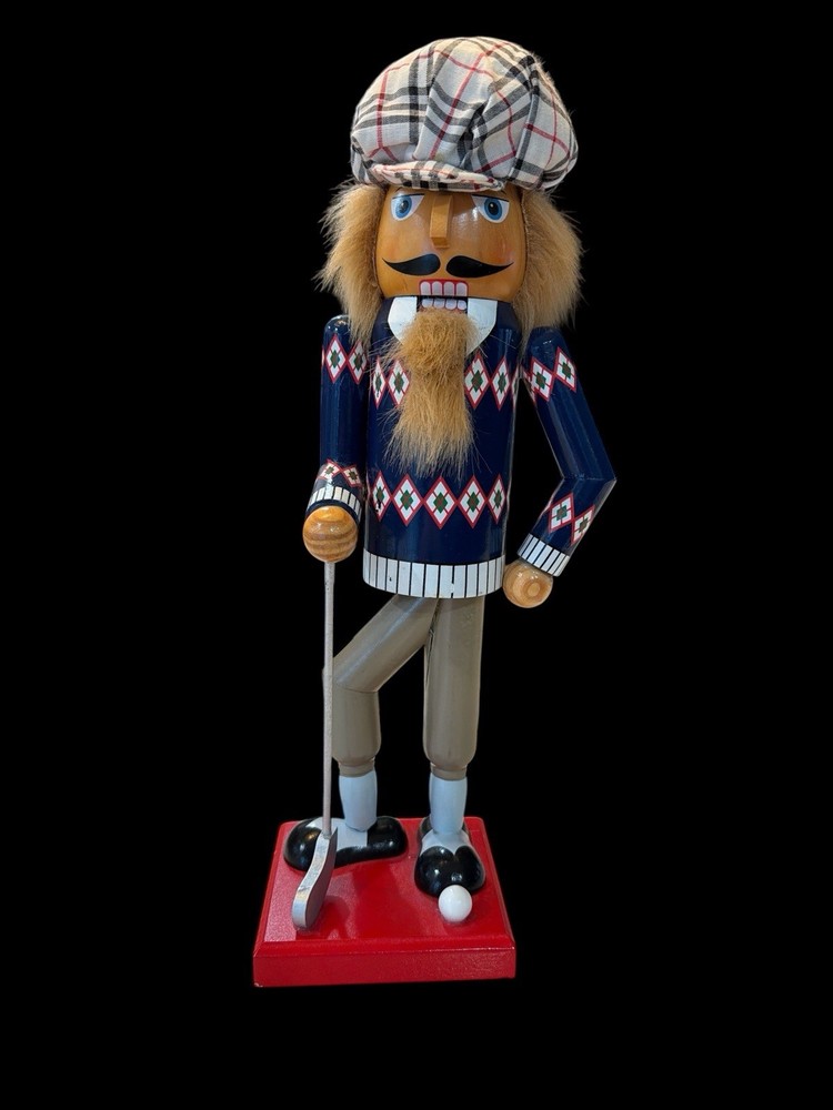 Golf Themed Decorative Nutcracker with Plaid Hat Christmas Figurine