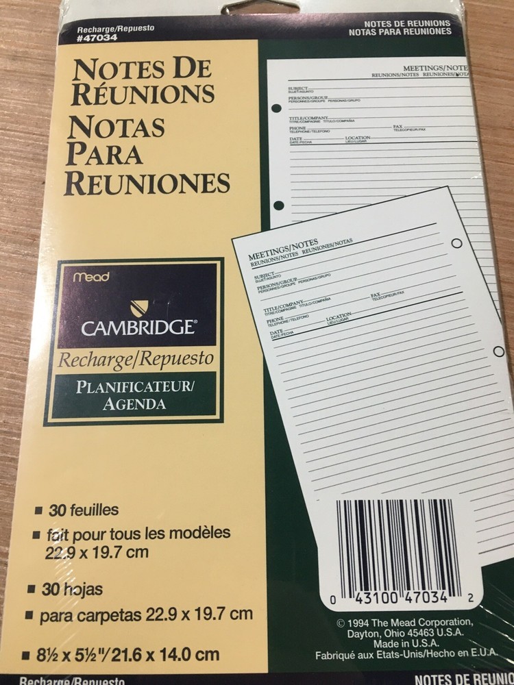 Mead Planner 47034 Refill Undated Meeting Notes 30 Sheets Franklin Day Runner