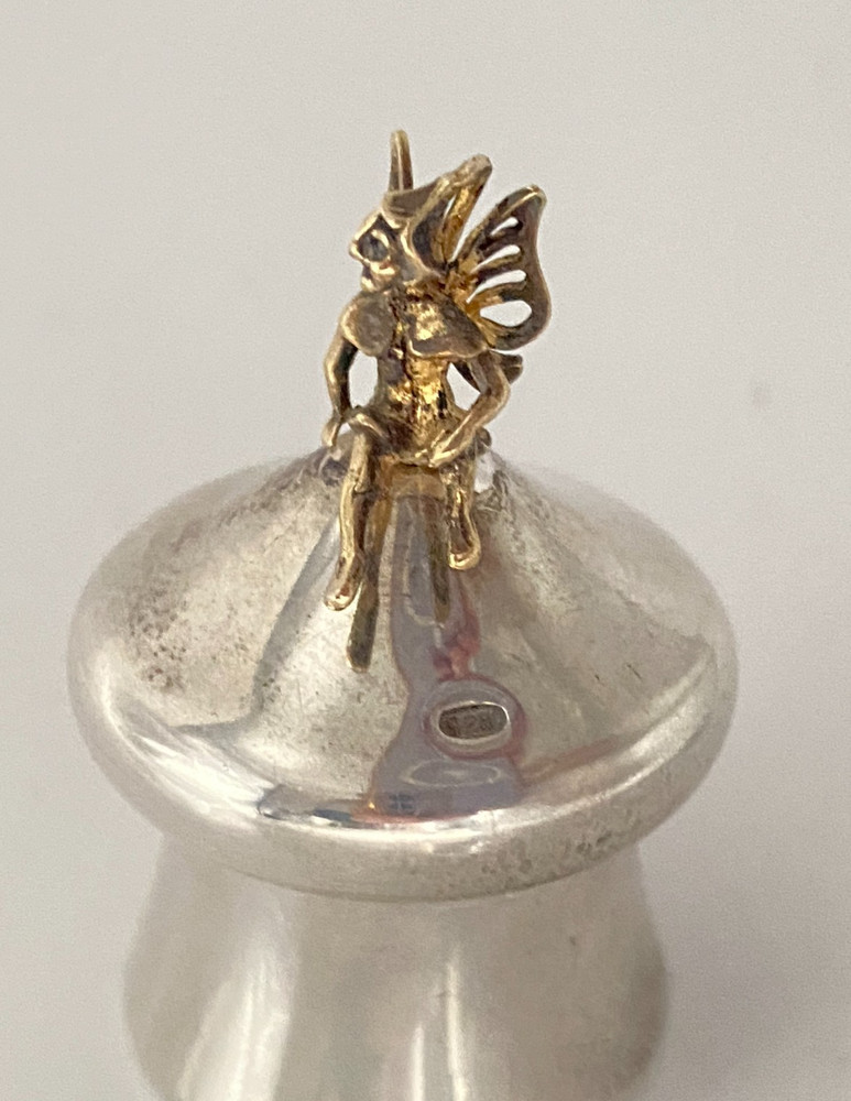 Vintage Carrs Solid Silver Seated Tooth Fairy Gilded Keepsake Box Mushroom Shape