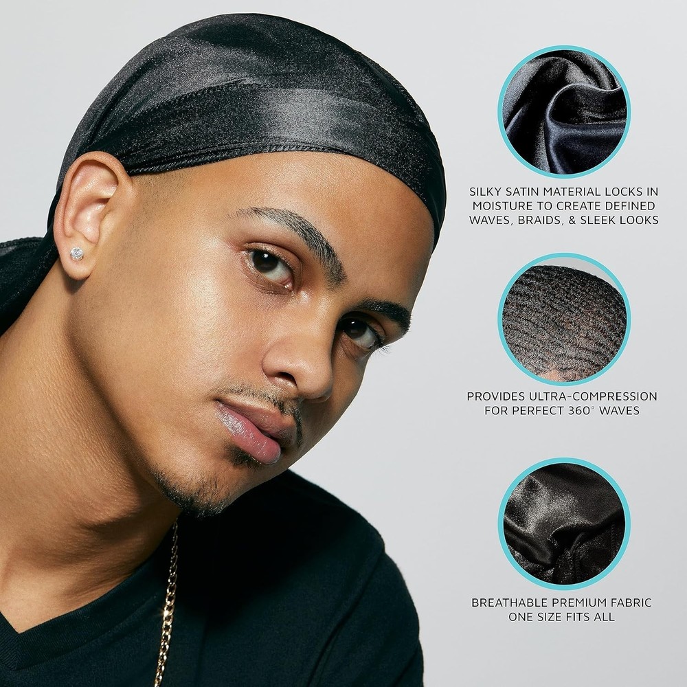 Power Wave Silky Satin Durag - Black, Maximum Wave formation, Ultra-Compressi...