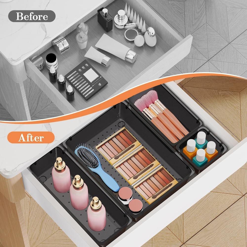 SpaceHacks 25 PCS Plastic Drawer Organizer Set, 4-Size Versatile Clear Black