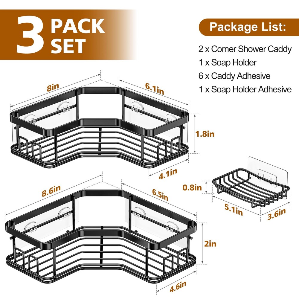 3 Pack Corner Shower Caddy with Soap Holder, Large Capacity Sturdy Easy Insta...