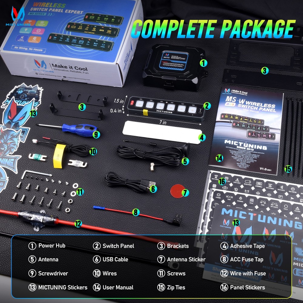 MICTUNING RGB Wireless 6 Gang Switch Panel Toggle Momentary Control System Box