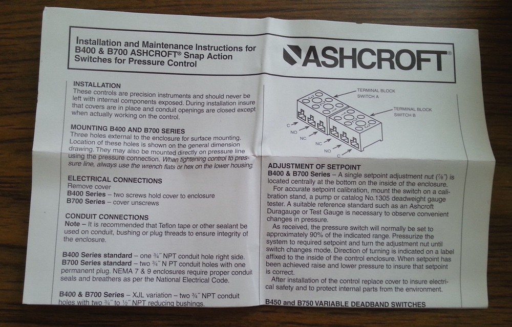 ASHCROFT VAC PRESSURE SWITCH B422B-XFM