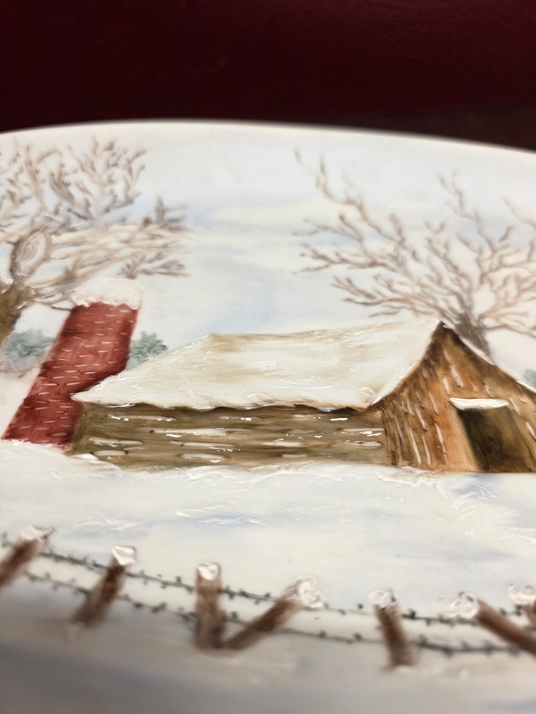 handpainted ceramic oval platter with a winter scene, Signed. Decor