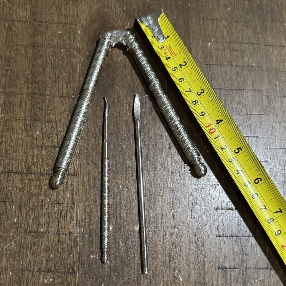 Vtg Metal Hand Held 5” Nut Cracker + 2 Picks HMQ Nuts