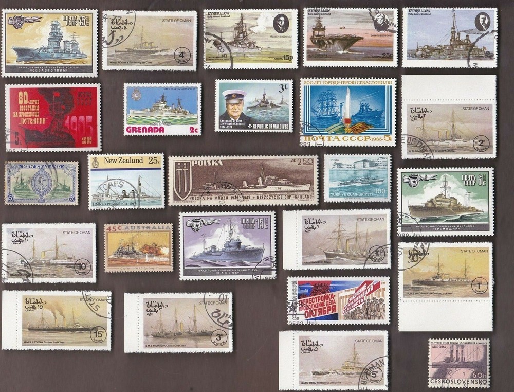 25 ALL DIFFERENT BATTLE SHIPS ON STAMPS