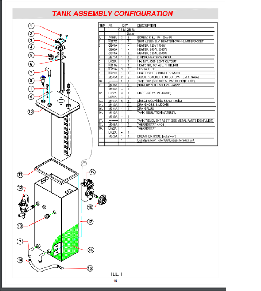 replacement tank Cecilware GB4K, 4-Head Cappuccino Machine valve,limit,heater