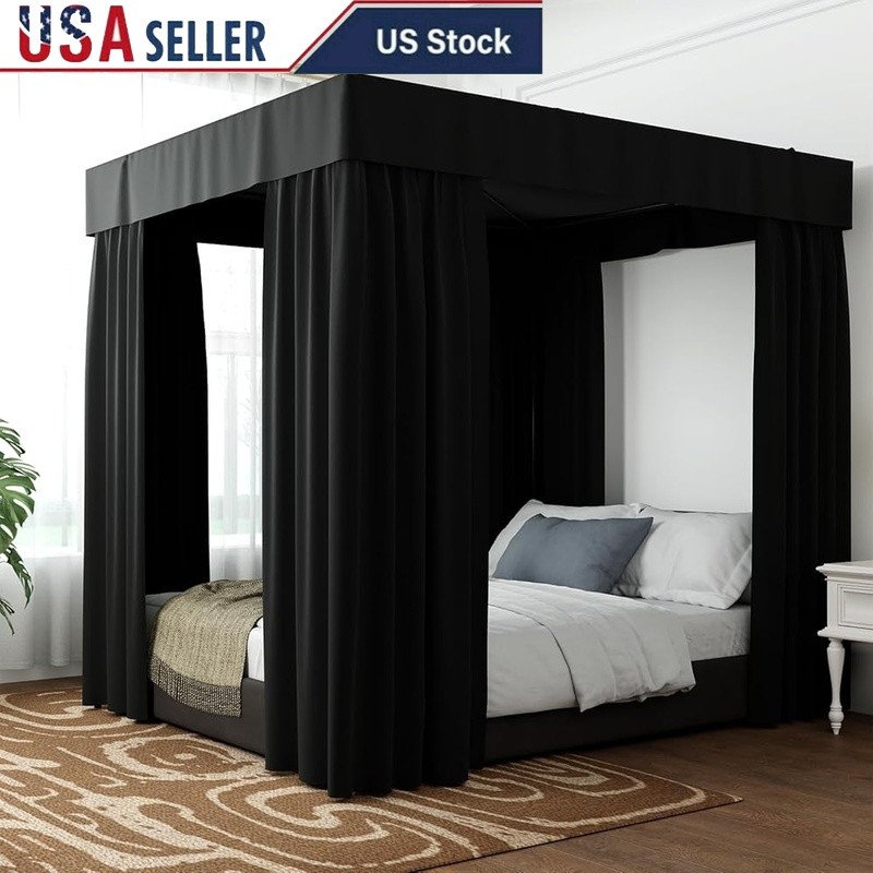 Lightproof Bed Curtains Soft Microfiber Easy Install Cozy Bedroom Decor Black