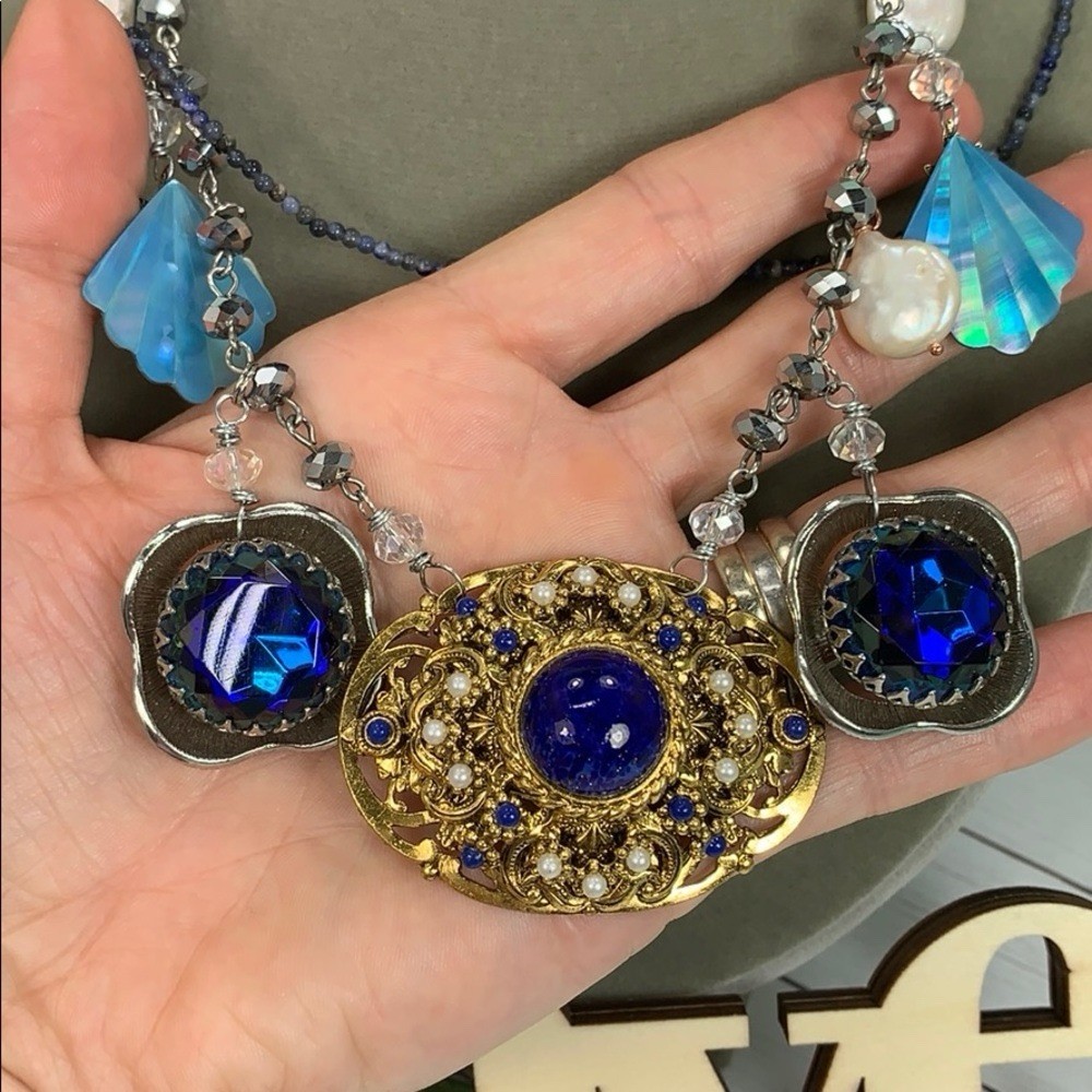 Adorned Crown artisan assemblage blue elements Pearl 2 strand necklace