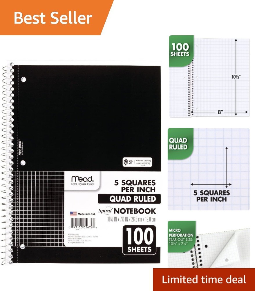 Graph Ruled 1 Subject Notebook, 100 Sheets, 3-Hole Punched, Ideal for Binders