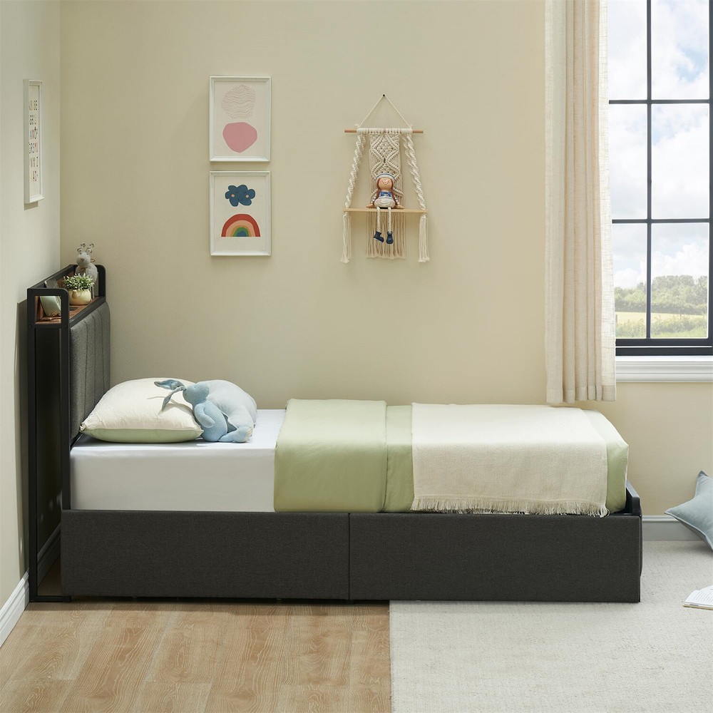 ✅Twin Size Bed Frame with 2 Storage Drawers Linen Upholstered Platform Bedframe