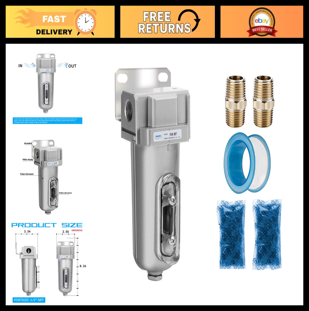 Heavy Duty Compressed Air Desiccant Dryer & Moisture Trap, Inline Filter, Water