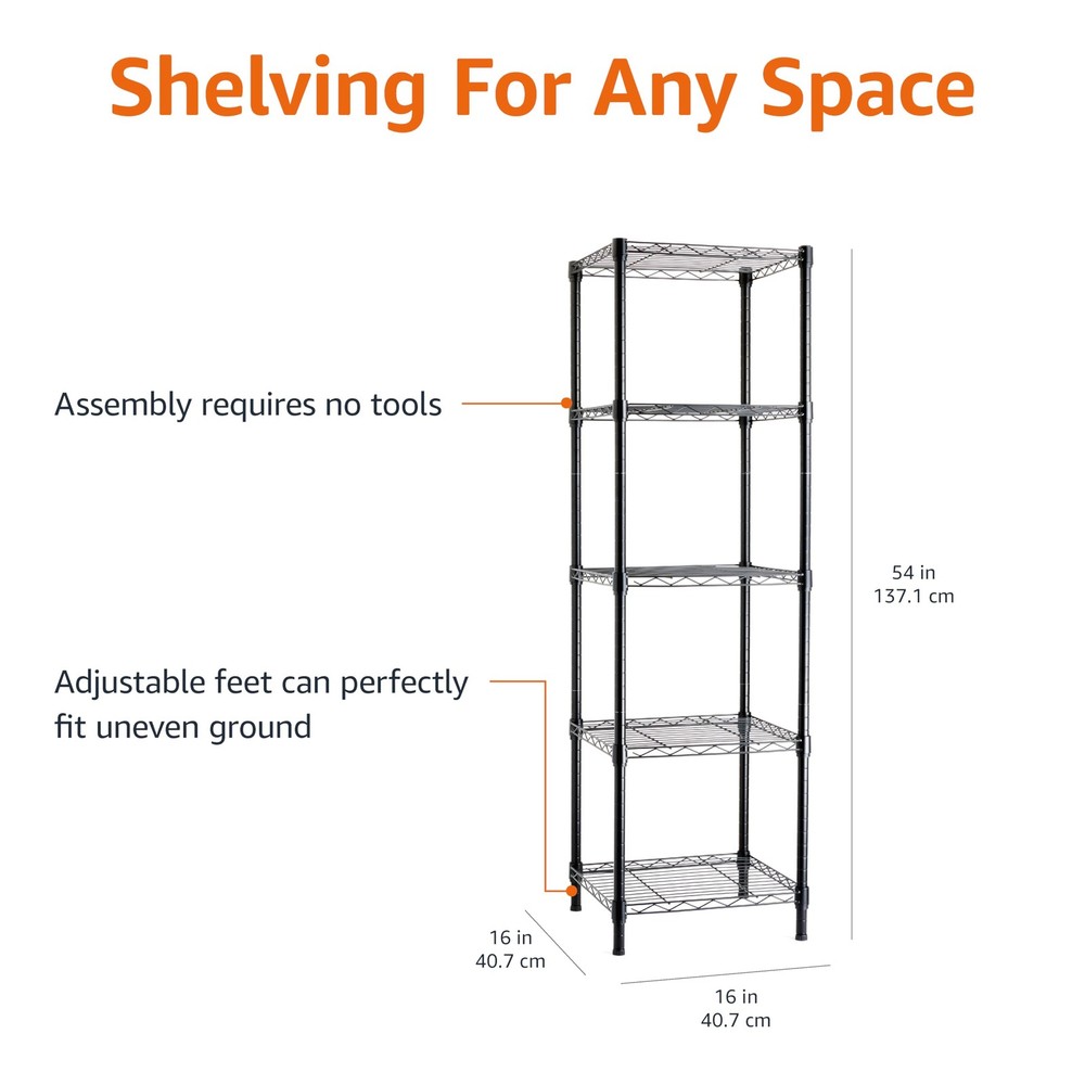 Amazon Basics 5-Shelf Tower Adjustable Storage Shelving Unit, Black, 16 D x 16 W