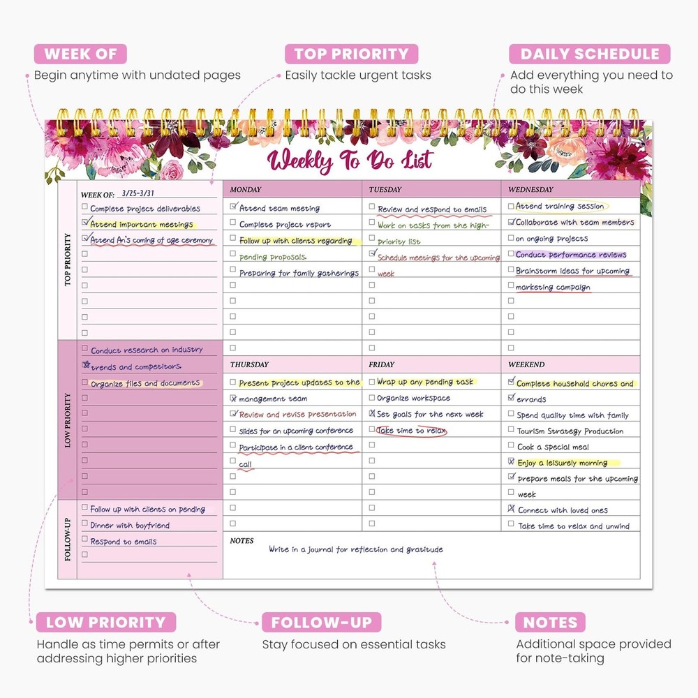 Weekly To Do List Notepad with 52 Undated Sheets（8.5"×11"）- U