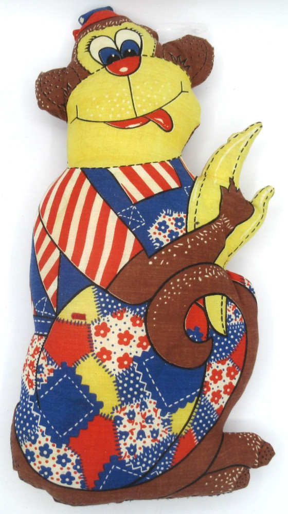 Vintage Cut Sew Patchwork Monkey Pillow 14" Stuffed Toy Doll Completed