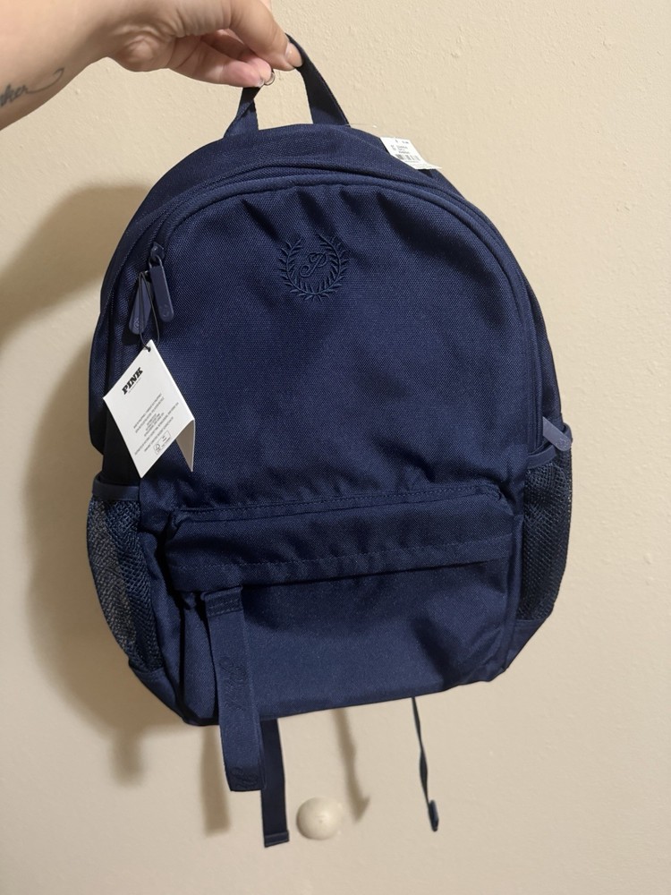 PINK Navy Blue Backpack Adjustable Strap Mesh Pockets Embroidered Crest