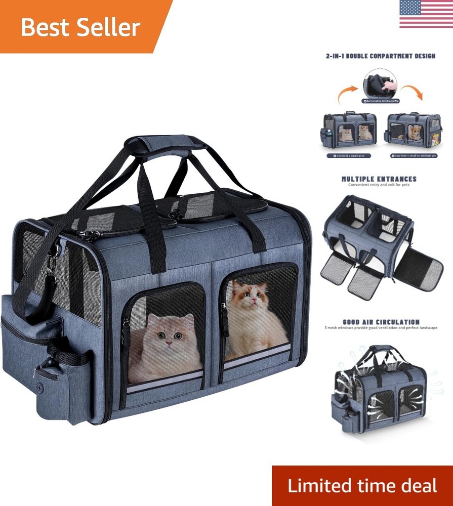 Stylish 2 Cat Carrier with Front Zippered Compartments - Foldable Grey Design
