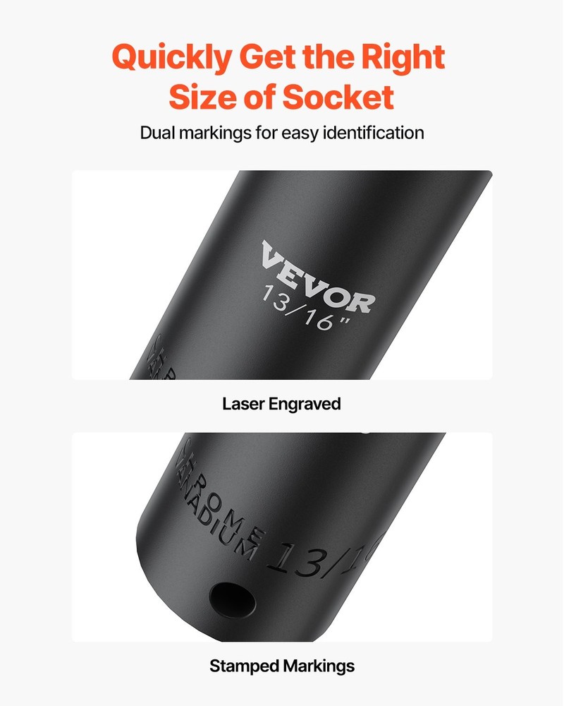 VEVOR Impact Socket Set,1/2" 19 Piece Impact Sockets,Deep Socket,6-Point Sockets