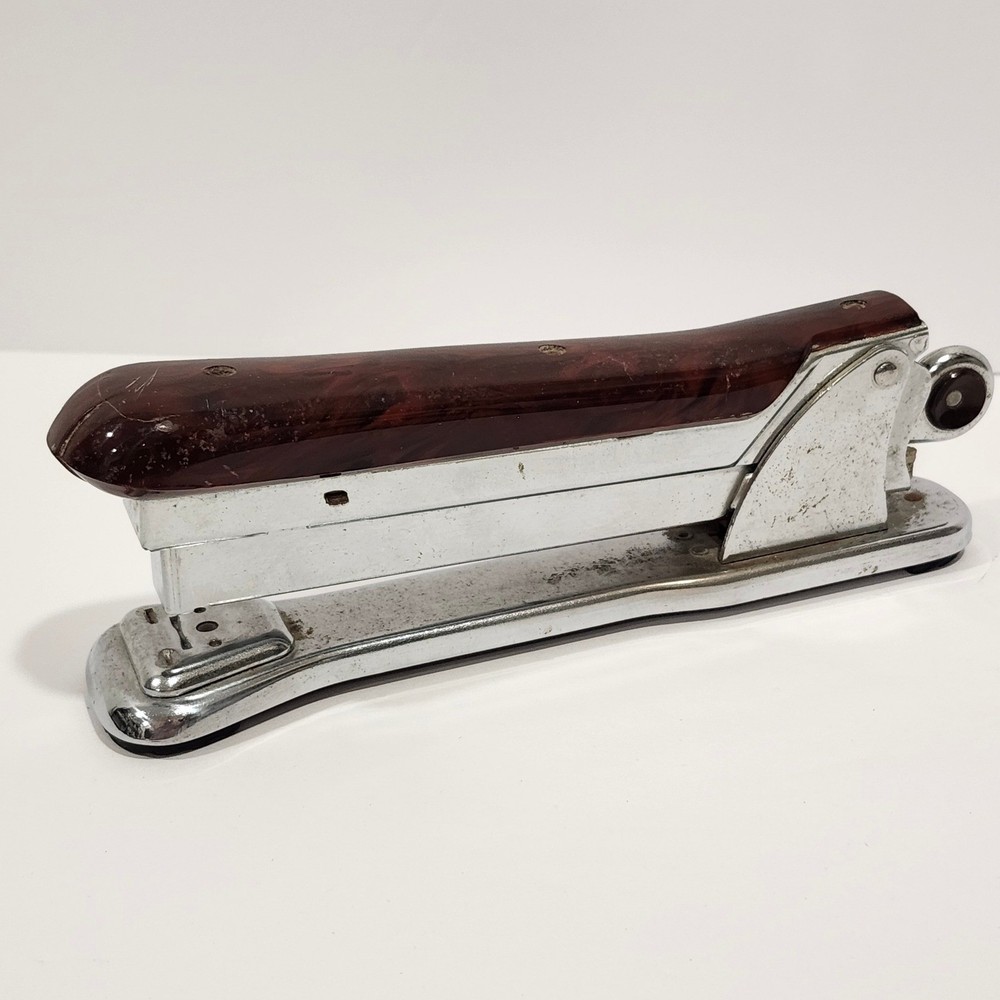 Ace Liner Stapler Model 502 Brown Marbled Chrome Vintage Office Desk Accessory