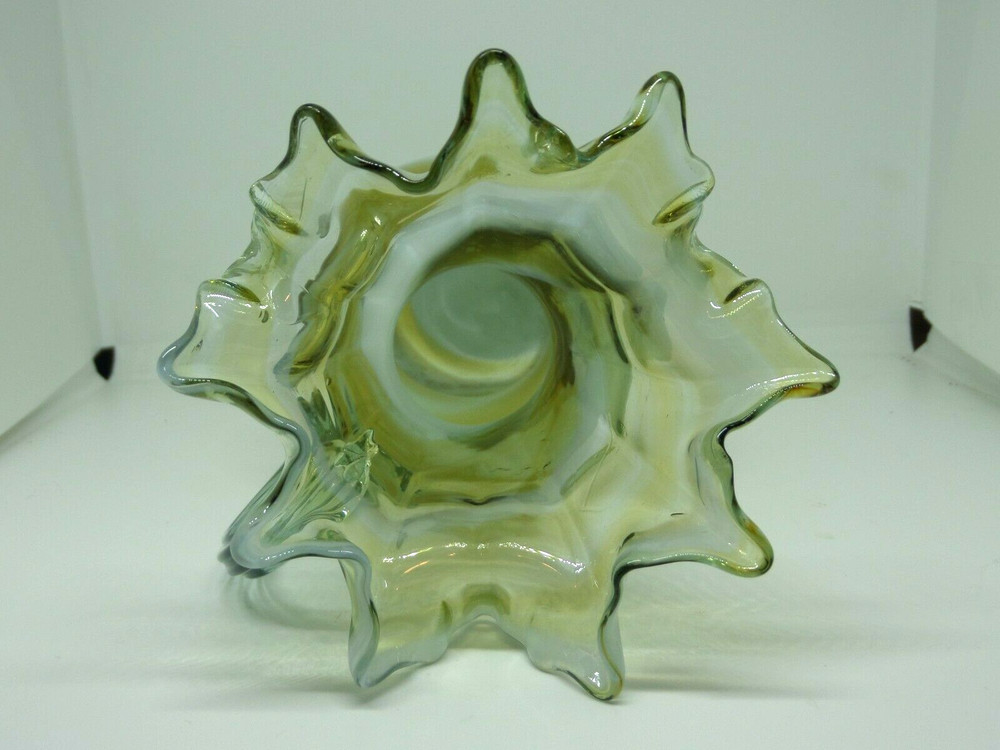 Art Glass Ruffled Pitcher Amber & White 7"
