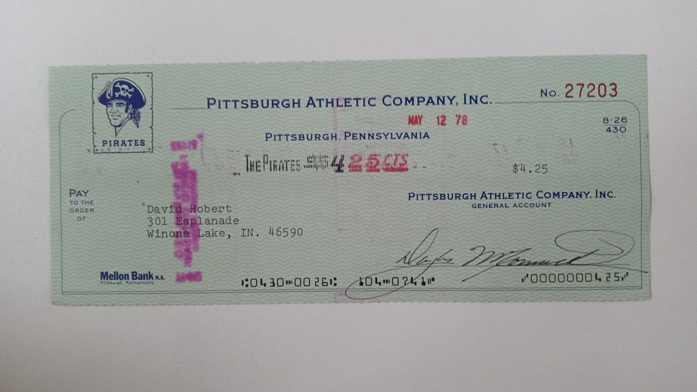 David Hobert: 1978 Pittsburgh Pirates Expense Check