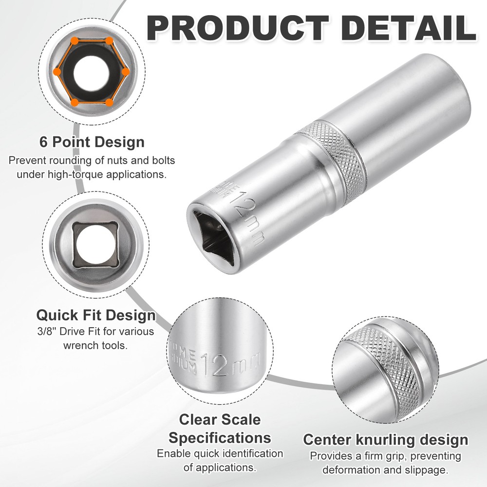 6 Points Deep Socket 3/8" Drive 12mm Nickel Plating Impact Socket 2.5" Long
