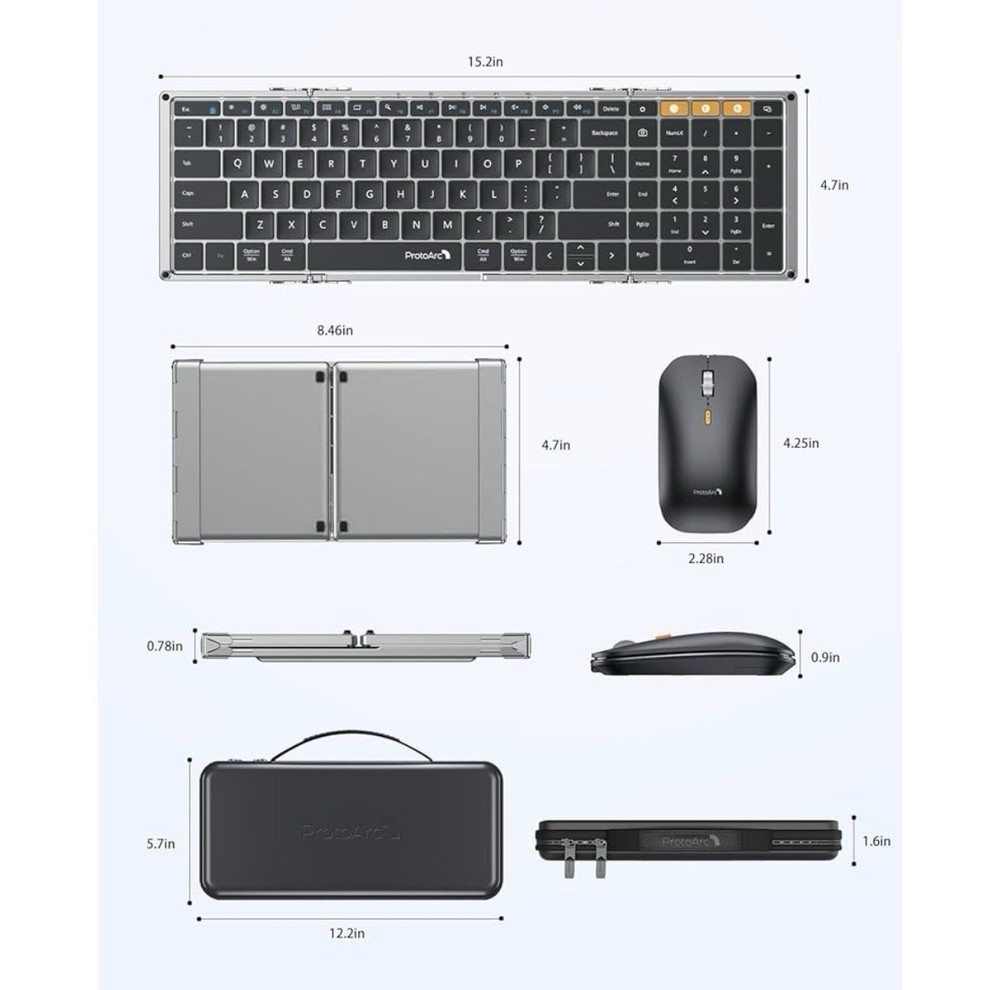 ProtoArc Foldable Keyboard and Mouse, XKM01 True Full-Size Folding Wireless