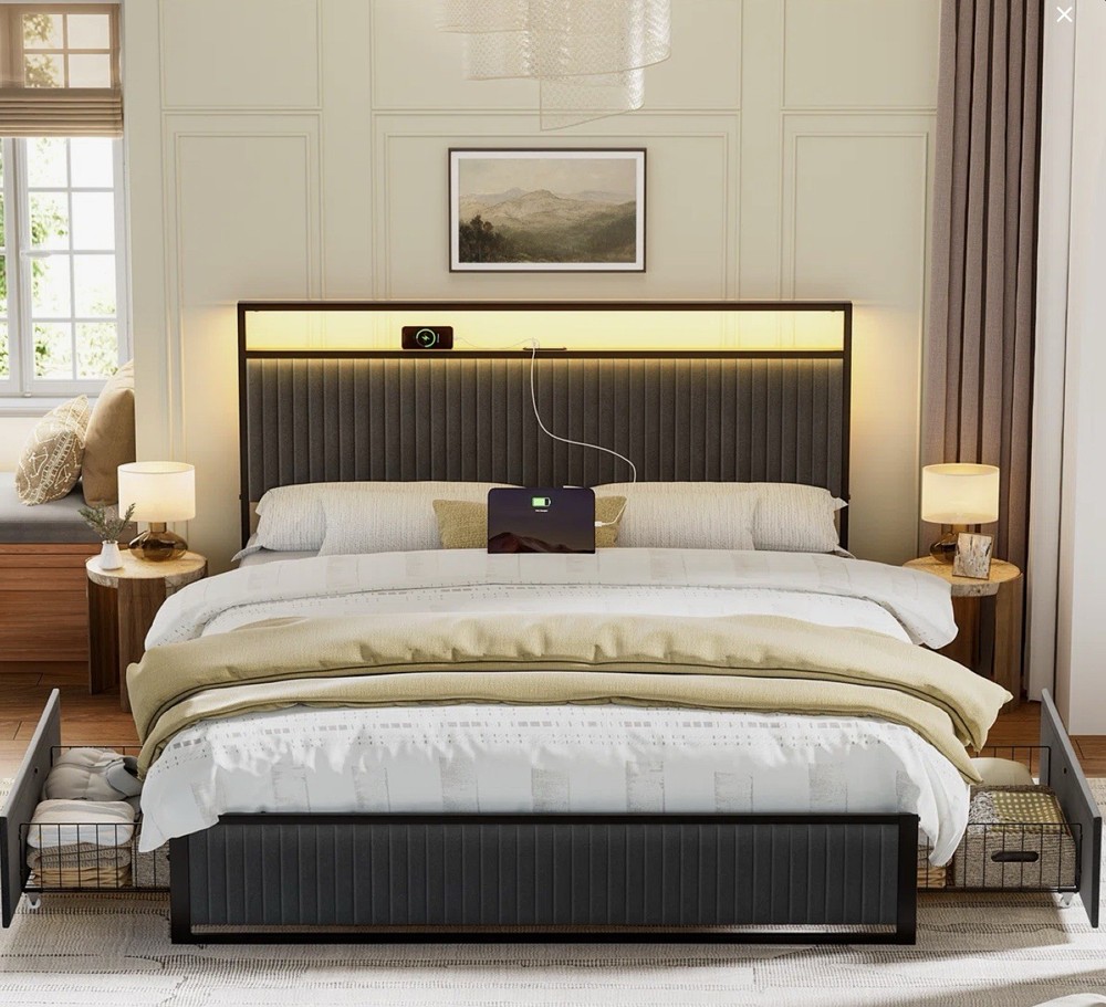 Antioch Queen Bed Frame with Storage, LED & Charging Station