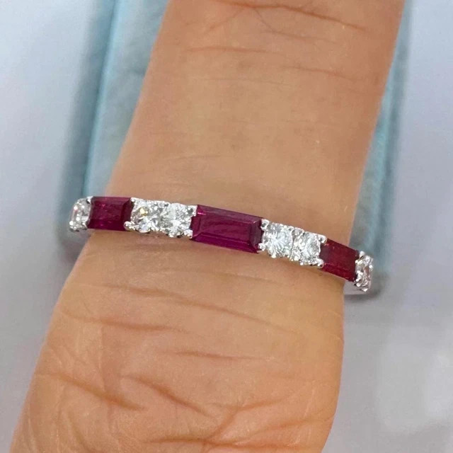 Lab Created Red Ruby 1Ct Emerald Cut Anniversary Band Ring 14K White Gold Plated