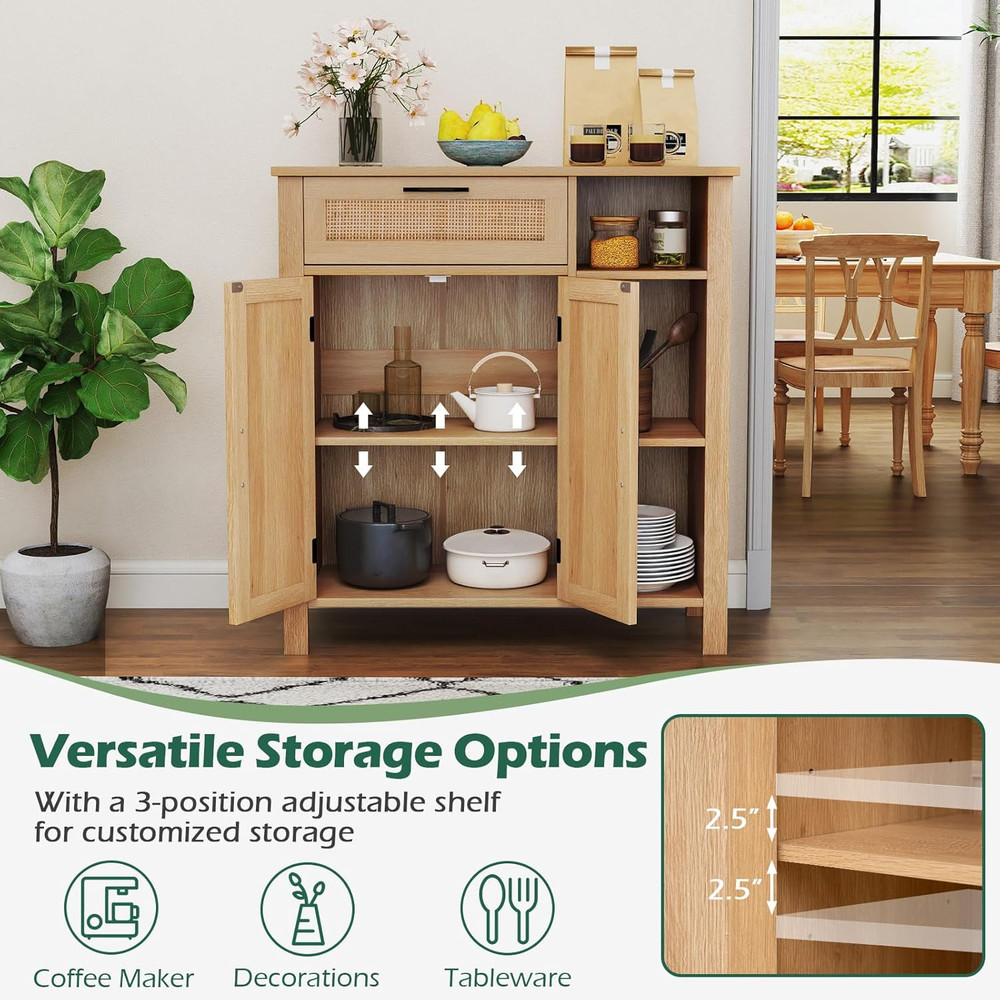 Buffet Cabinet with Storage, Boho Rattan Sideboard with 2 Doors, Drawer, 3 Open