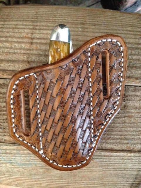 Custom Tooled Basket Weave Trapper Knife sheaths Pancake Style