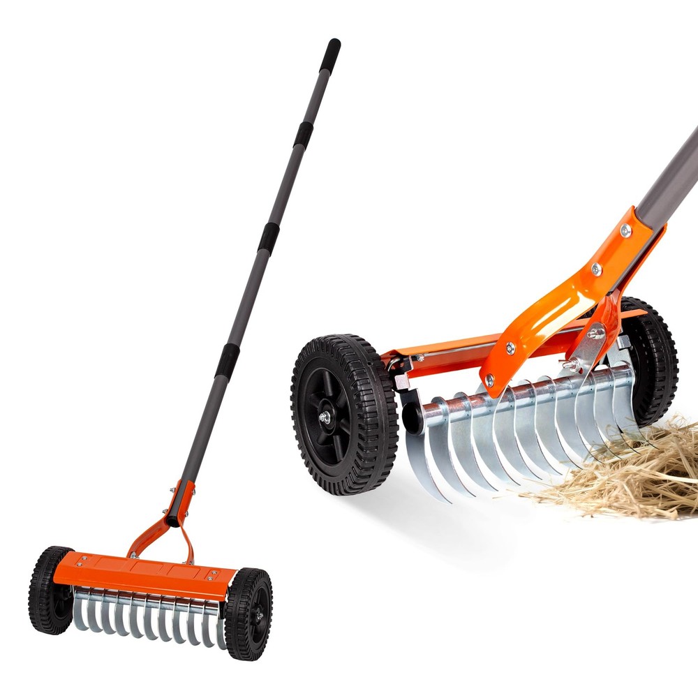 Dethatching Roller Rake Lawn Thatch Remover with Adjustable Handle Steel Blades