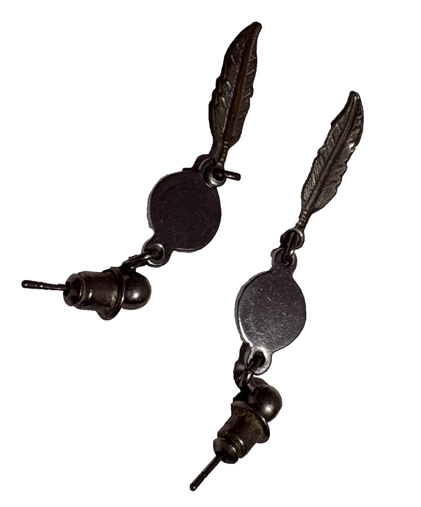 Silver Feather Dangle Earrings with Brown Cabochon Stone Accent