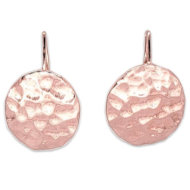 Solid 18K Rose Gold Drop Dangle Hammered Circle Disc Earrings 14mm