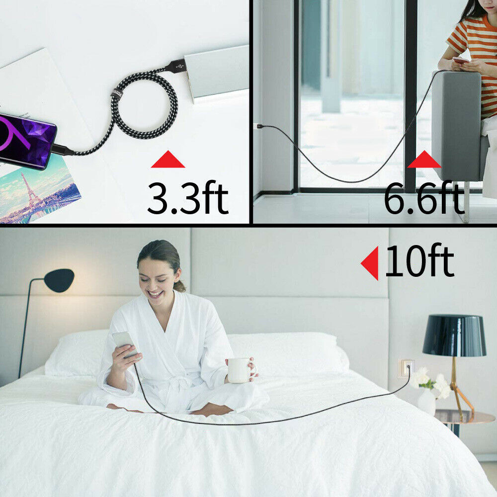 3Pack Braided USB C Type-C Fast Charging Data SYNC Charger Cable Cord 3/6/10FT