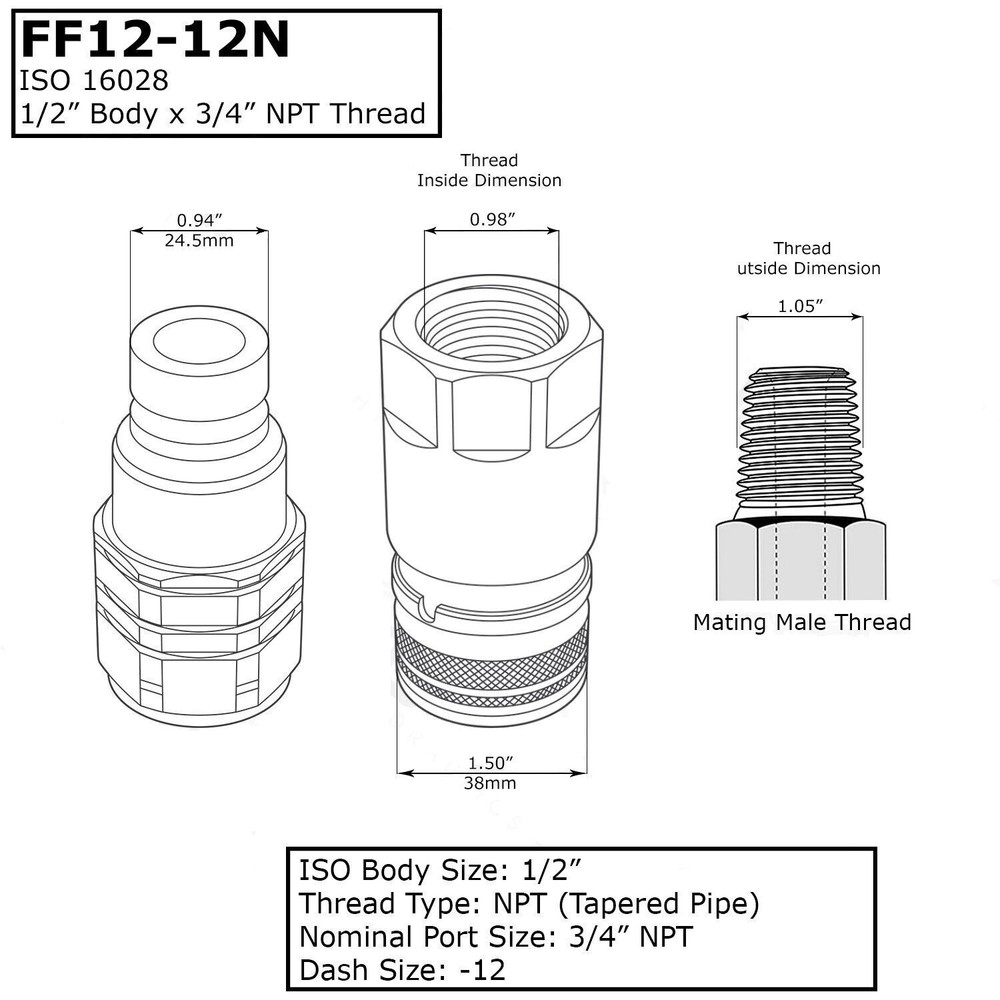 3/4 NPT Flat Face Hydraulic Quick Connect Coupler Coupling Skid Steer
