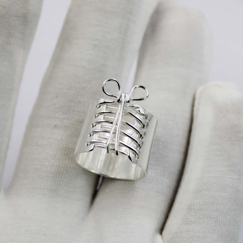 Solid 925 Sterling Silver Wire Wrap Ribcage Bow Ring Wide Band Handmade For Her