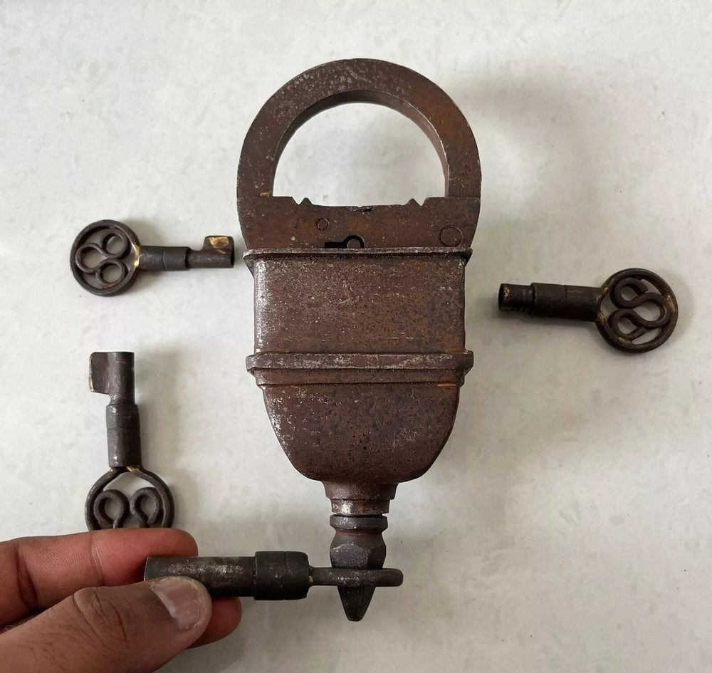 Vintage Iron Handcrafted Unique Shape Solid Heavy 4 Key Padlocks