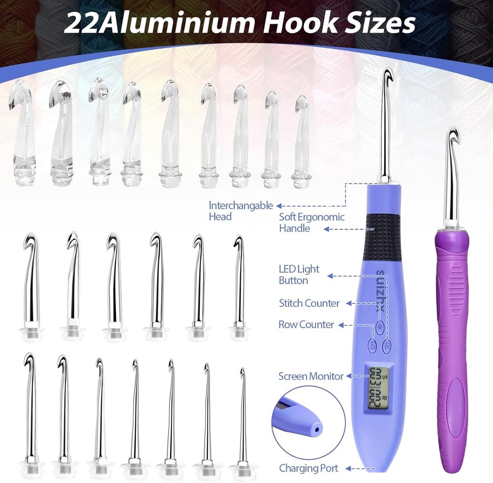 Lighted Crochet Hook Set: 22 Sizes & Stitch Counter for Creative Projects