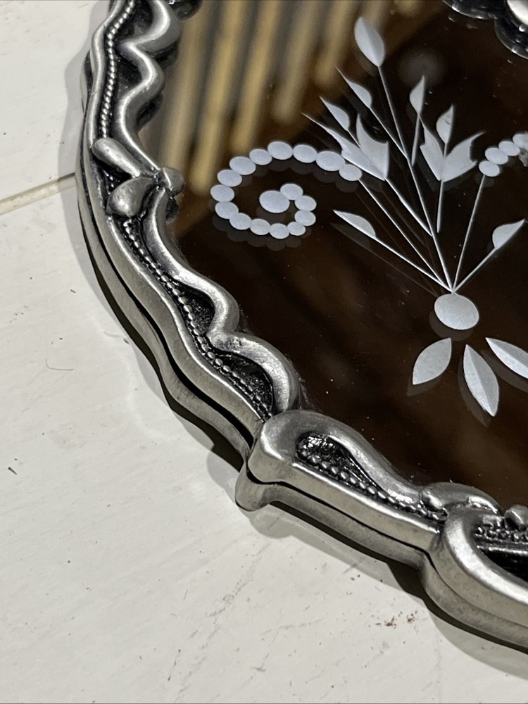 Vintage Silver Plated Vanity Hand Held Mirror 9.75” Heavy Floral Scroll