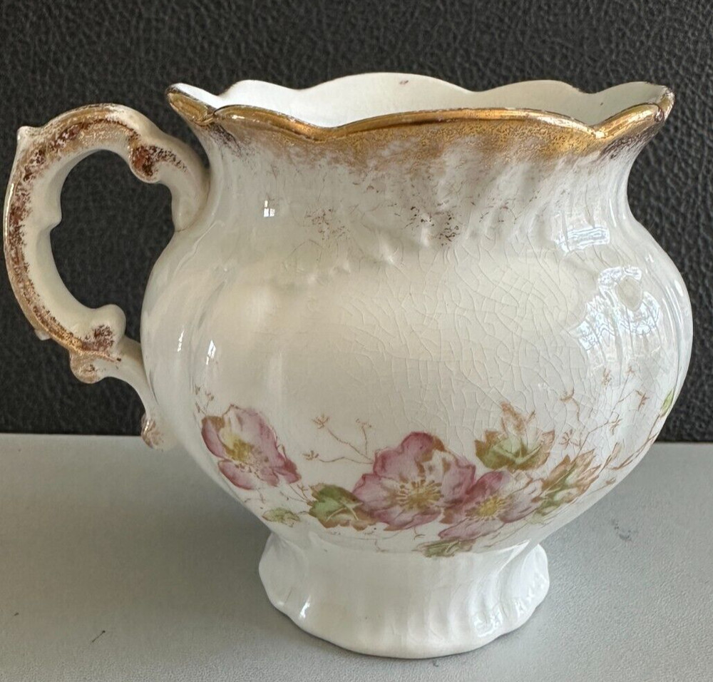 Vintage Gold Trimmed Handled Flowered Pitcher