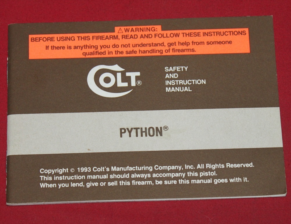 COLT Firearms Factory Python Manual Original 1993