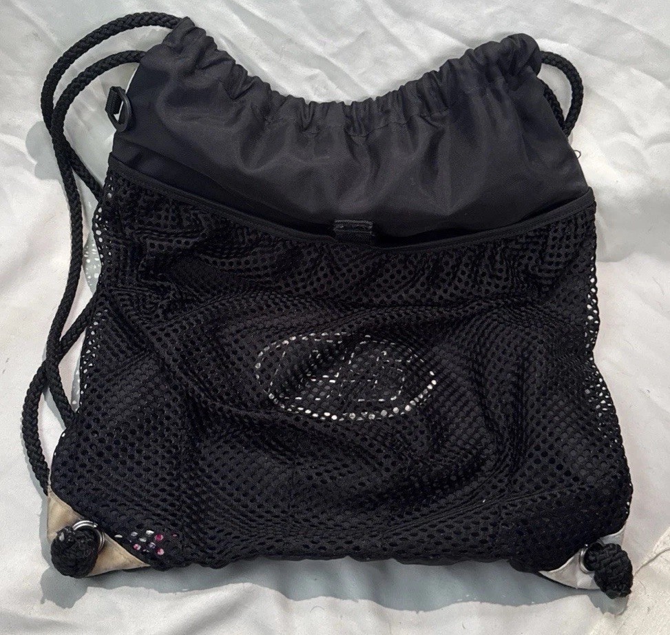 Black Mesh Drawstring Gym Bag with Zip Pocket, Lightweight, Shoulder Strap