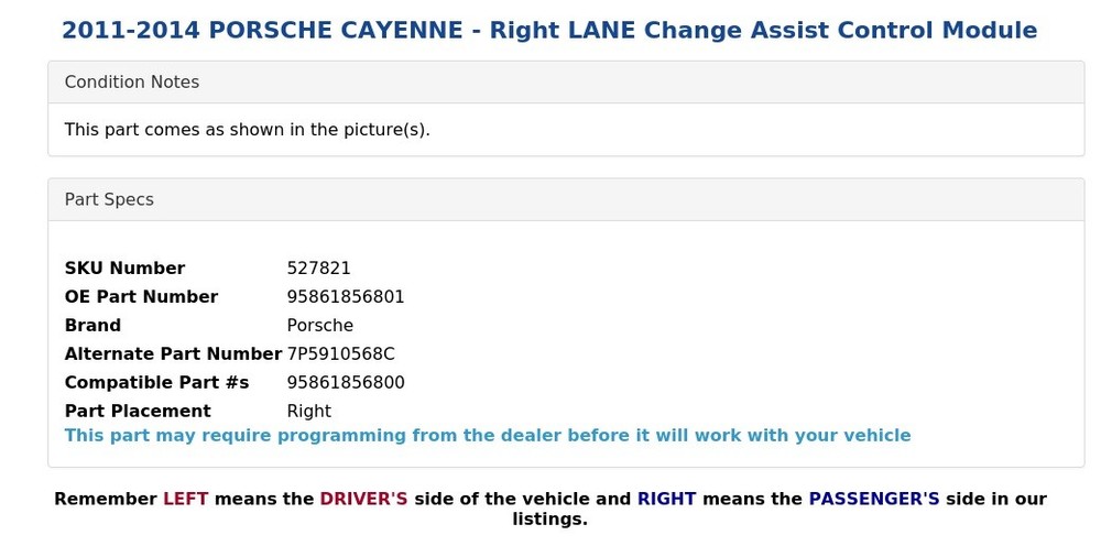 2011-2014 PORSCHE CAYENNE - Right LANE Change Assist Control Module