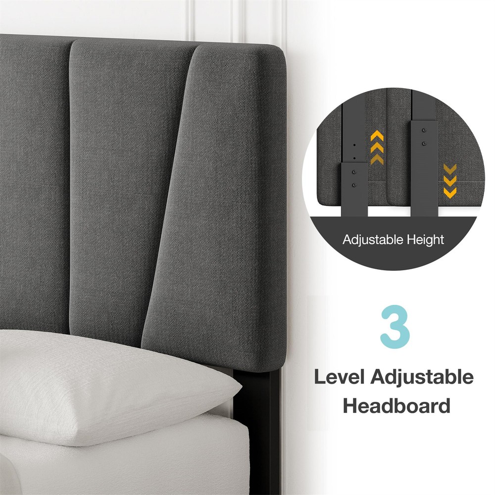 ⏯🆕Full Bed Frame with Adjustable Diagonal Channel Tufted Headboard Wooden Slats